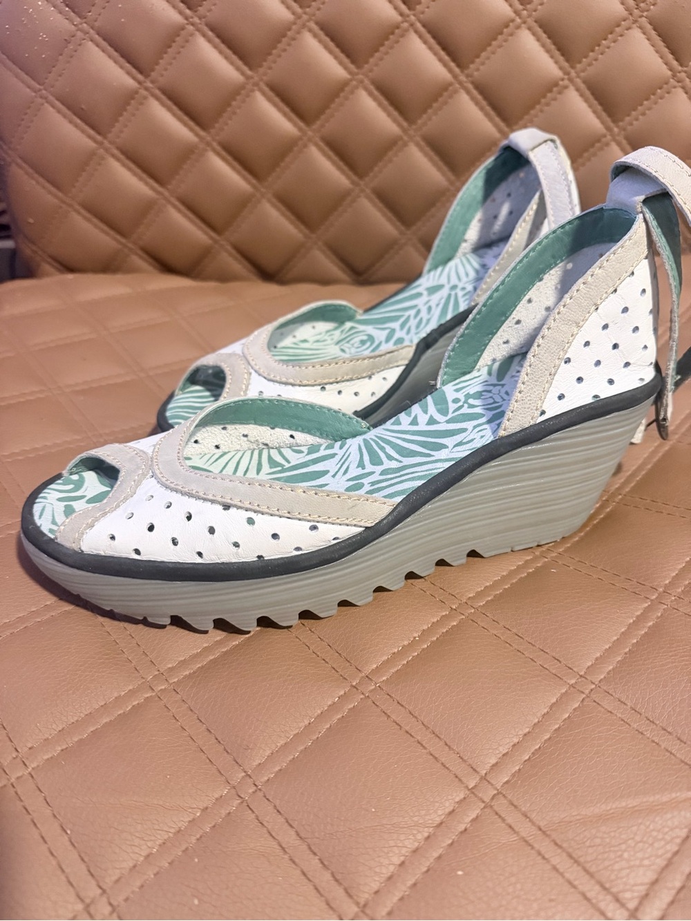 Fly London Women's White and Green Wedge Sandals
